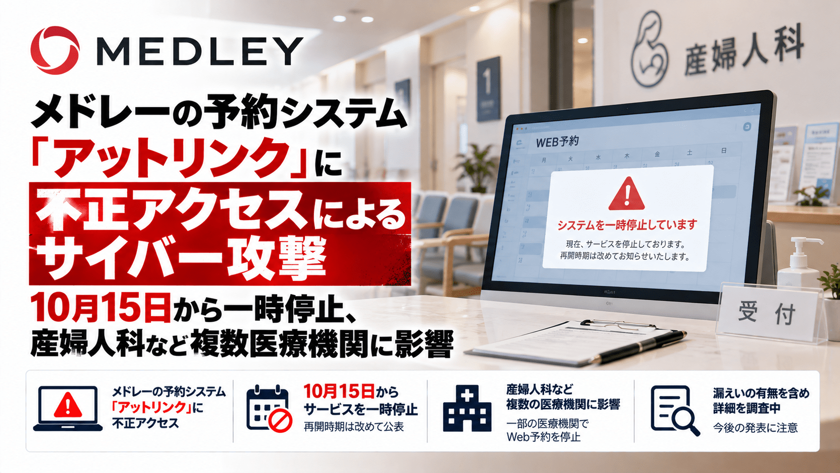 メドレーの予約システム「アットリンク」に不正アクセスによるサイバー攻撃―10月15日から一時停止、産婦人科など複数医療機関に影響