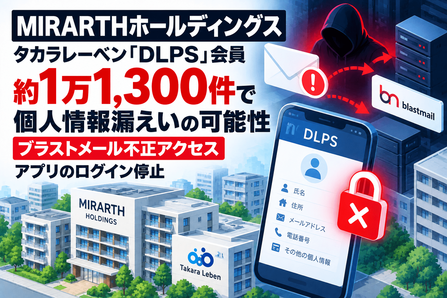 MIRARTHホールディングス、タカラレーベン「DLPS」会員約1万1,300件で個人情報漏えいの可能性　ブラストメール不正アクセス、アプリのログイン停止
