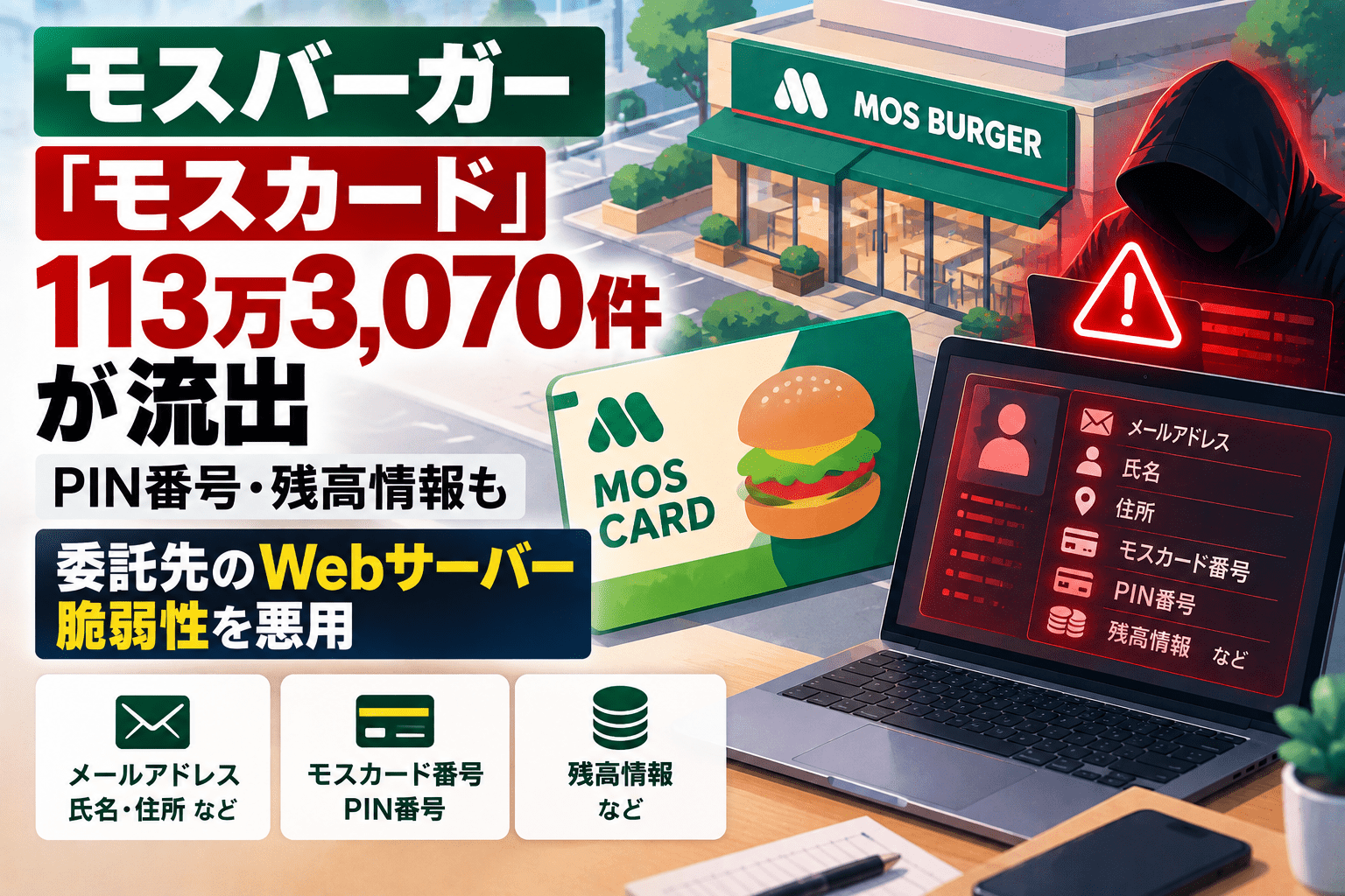 モスバーガー「モスカード」113万3,070件が流出、PIN番号・残高情報も-委託先のサーバへのサイバー攻撃で