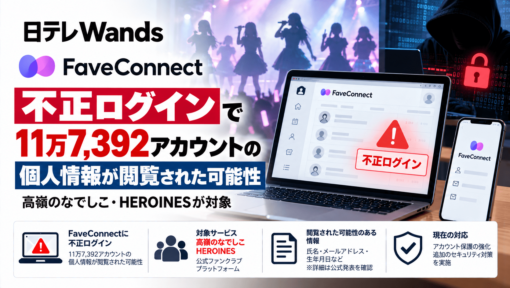 日テレWands「FaveConnect」に不正ログイン、11万7,392アカウントの個人情報が閲覧された可能性―高嶺のなでしこ・HEROINESが対象