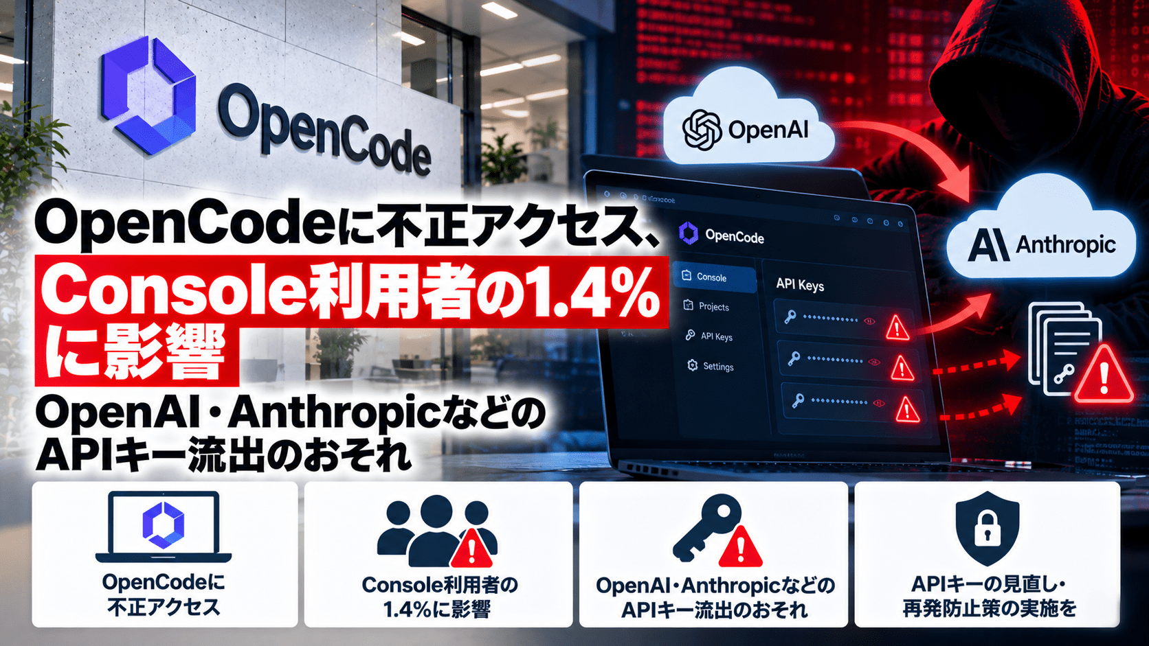 OpenCodeに不正アクセスのよるサイバー攻撃、Console利用者の1.4%に影響―OpenAI・AnthropicなどのAPIキー流出のおそれ