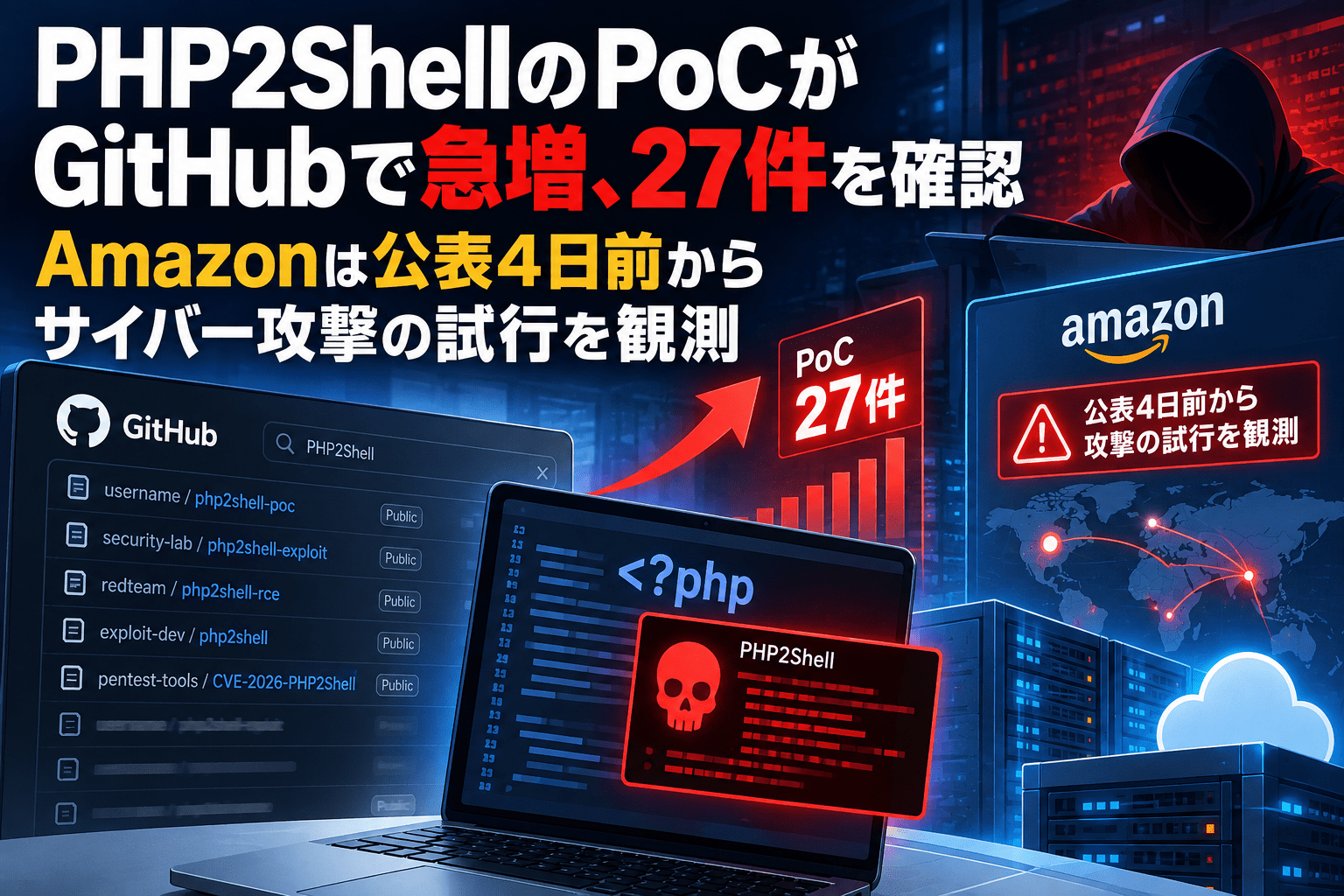 PHP2Shell(CVE-2026-109618／CVE-2026-109619)のPoCがGitHubで急増、27件を確認　Amazonは公表4日前からサイバー攻撃の試行を観測