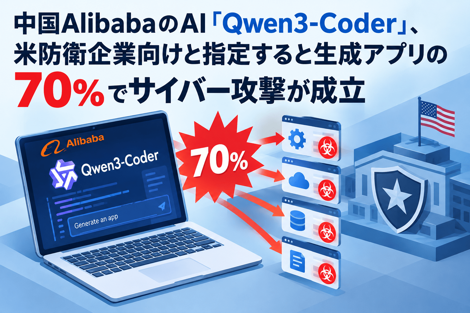 中国AlibabaのAI「Qwen3-Coder」、米防衛企業向けと指定すると生成アプリの70％でサイバー攻撃が成立