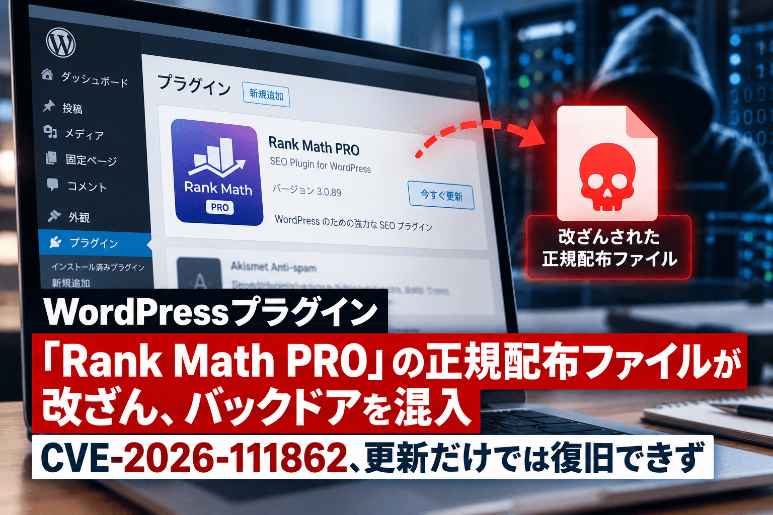 WordPressの人気 プラグイン「Rank Math PRO」の正規配布ファイルが改ざん、バックドアを混入―CVE-2026-111862、更新だけでは復旧できず