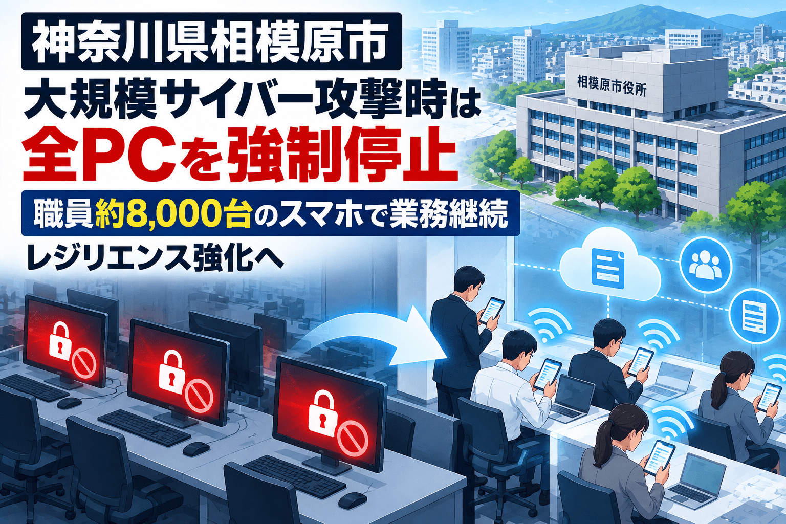 神奈川県相模原市、大規模サイバー攻撃時は全PCを強制停止　職員約8,000台のスマホで業務継続、レジリエンス強化へ