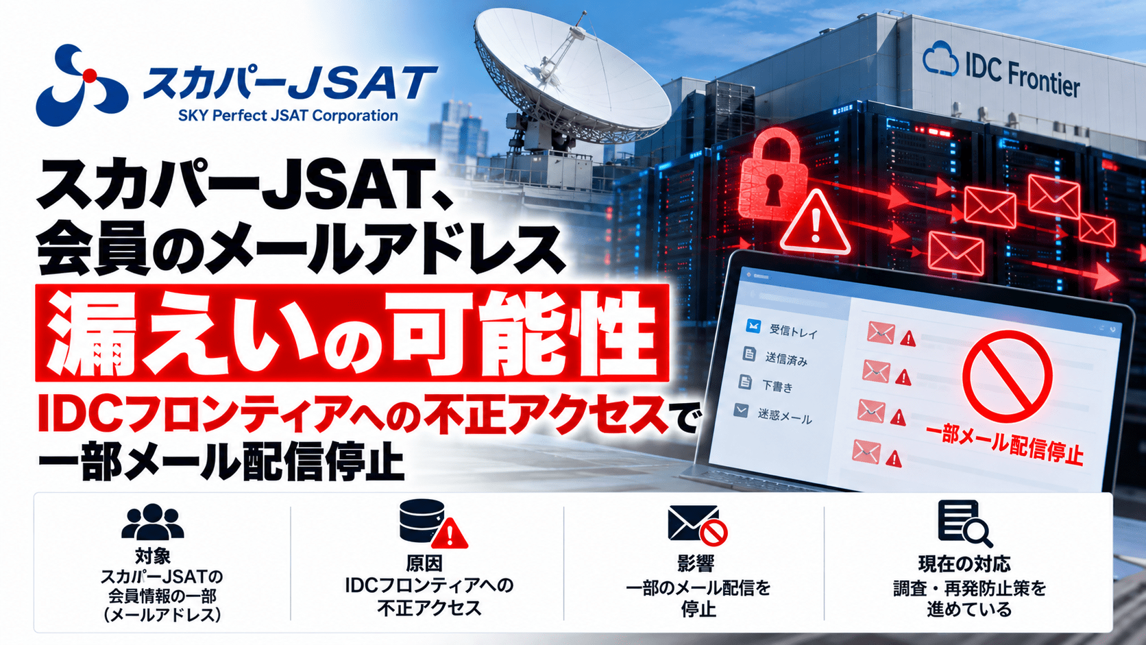 スカパーJSAT、会員のメールアドレス 漏えいの可能性―IDCフロンティアへの不正アクセスで一部メール配信停止