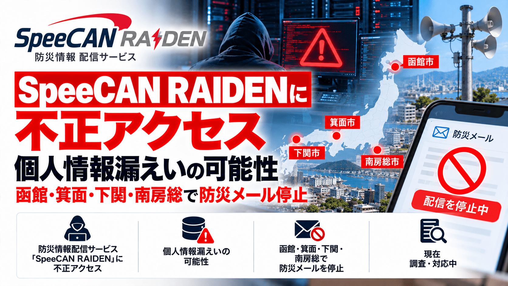 防災情報 配信 サービスのSpeeCAN RAIDENへの不正アクセスによるサイバー攻撃のまとめ-利用自治体の個人情報漏えいの恐れ