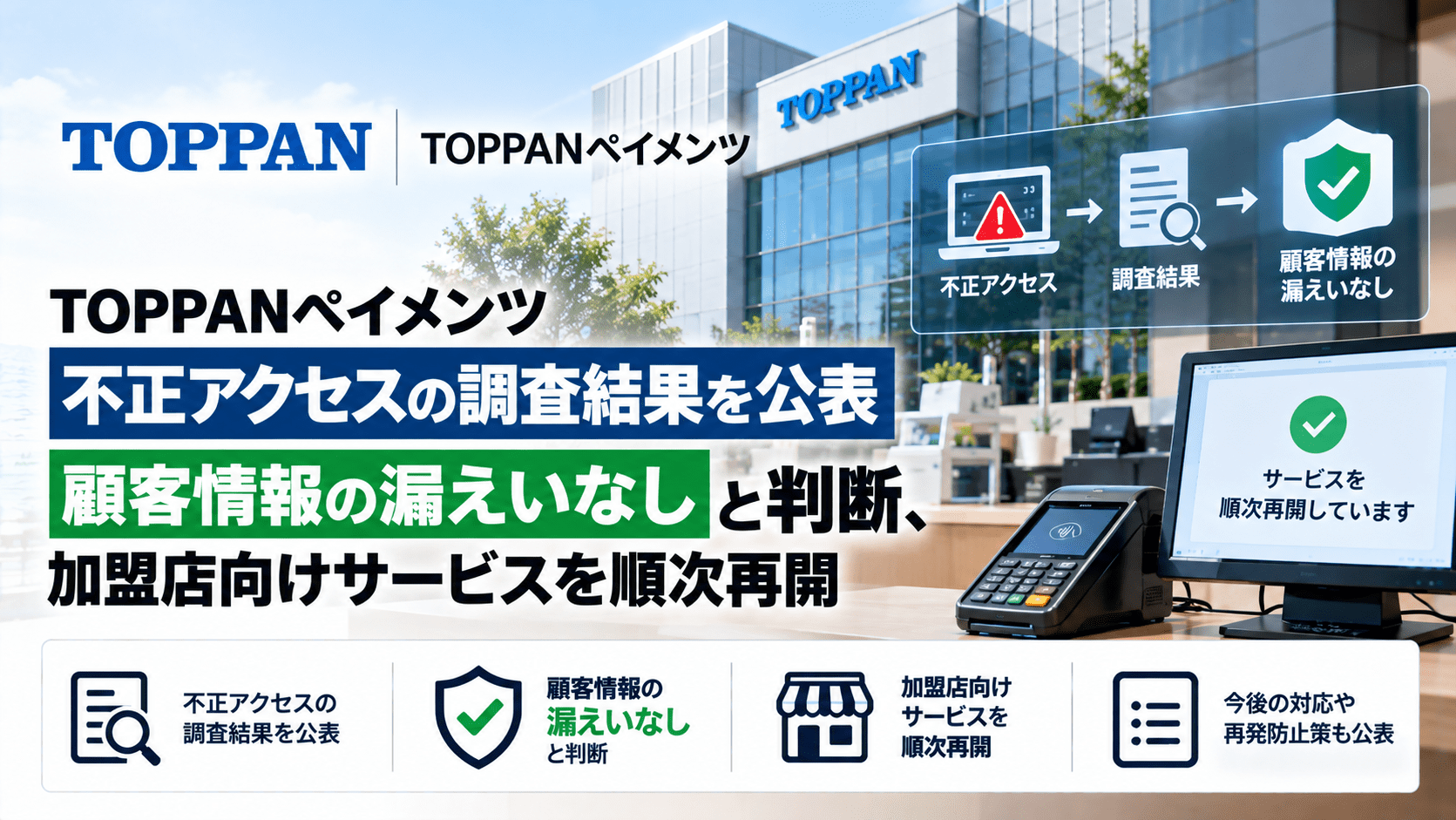 TOPPANペイメンツ、不正アクセスの調査結果を公表―顧客情報の漏えいなしと判断、加盟店向けサービスを順次再開