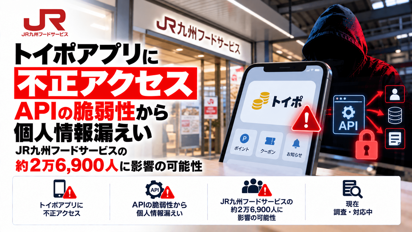 トイポアプリに不正アクセス、APIの脆弱性から個人情報漏えい―JR九州フードサービスの約2万6,900人に影響の可能性