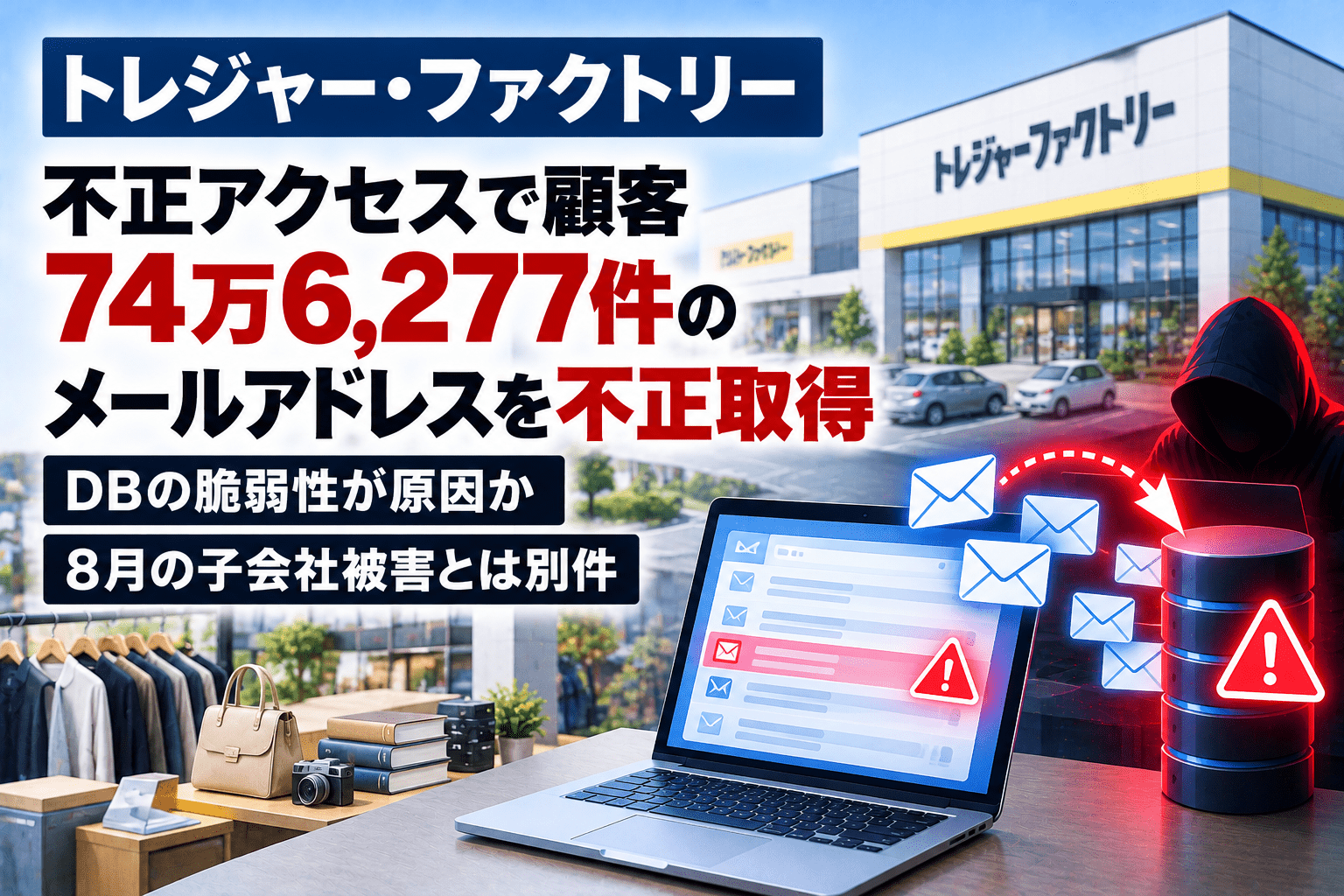 トレジャー・ファクトリー、不正アクセスで顧客74万6,277件のメールアドレスを不正取得　DBの脆弱性が原因か、8月の子会社被害とは別件
