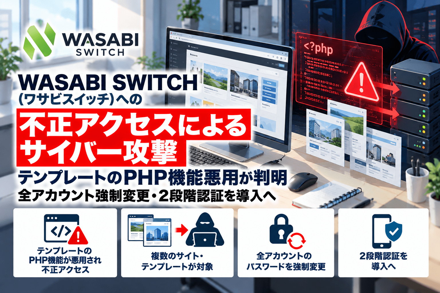 WASABI SWITCH(ワサビスイッチ)への不正アクセスによるサイバー攻撃、テンプレートのPHP機能悪用が判明―全アカウント強制変更・2段階認証を導入へ