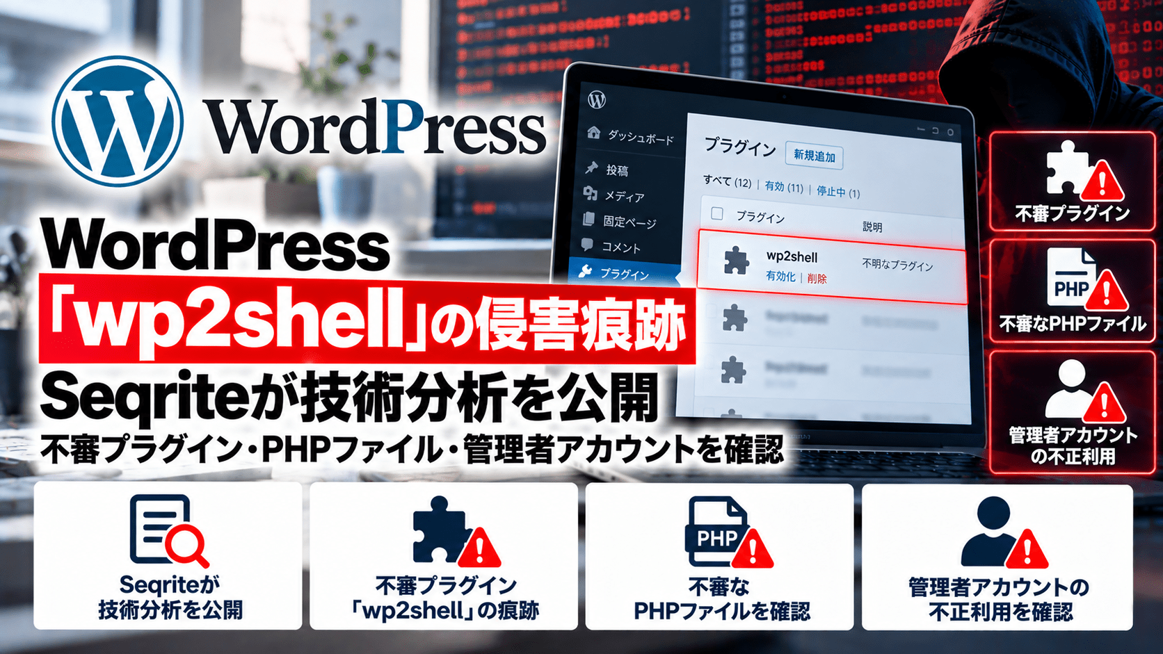 WordPress「wp2shell」の侵害痕跡、Seqriteが技術分析を公開―不審プラグイン・PHPファイル・管理者アカウントを確認