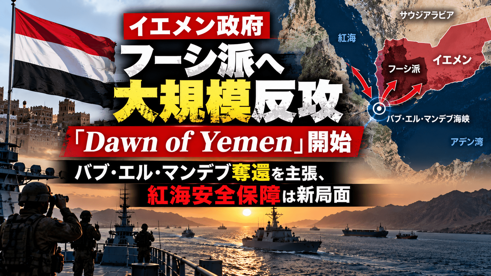 イエメン政府、フーシ派へ大規模反攻「Dawn of Yemen」開始―バブ・エル・マンデブ奪還を主張、紅海安全保障は新局面